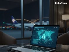 El Escudo Digital: Alta ciberseguridad para el viajero de negocios Ejecutivo en sala VIP protegiendo su laptop, concepto de ciberseguridad y viajes de negocios premium.
