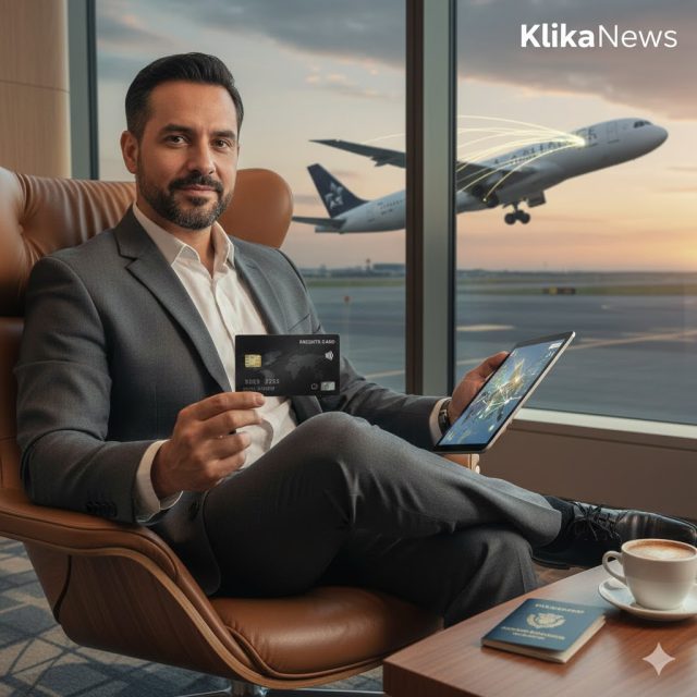 Ejecutivo utilizando tarjeta de crédito premium en sala VIP de aeropuerto con avión al fondo.